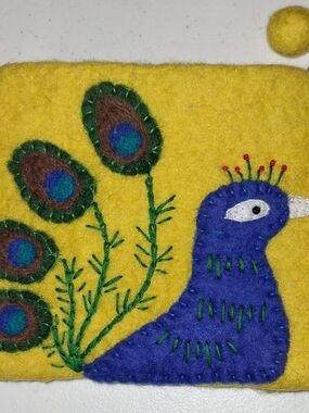 Yellow Felt Clutch with Blue Peacock Embroidery